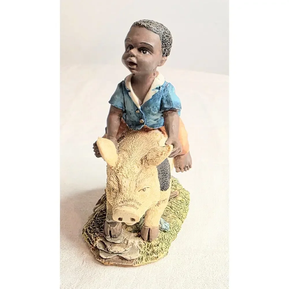 Vintage African American Boy Pig Herder/Rider Figurine Ceramic/Resin 4 1/2